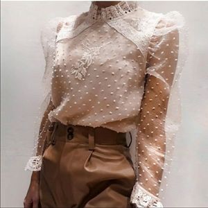 Zara embroidered Swiss dot blouse